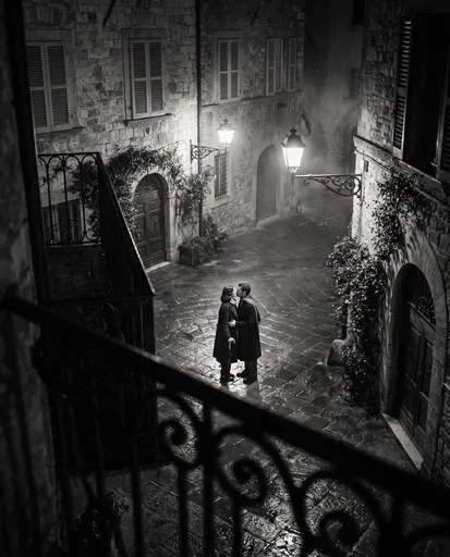 Couple Kissing in Rainy Stone Courtyard
