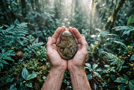 Tiny Pygmy Monkey in Cupped Hands