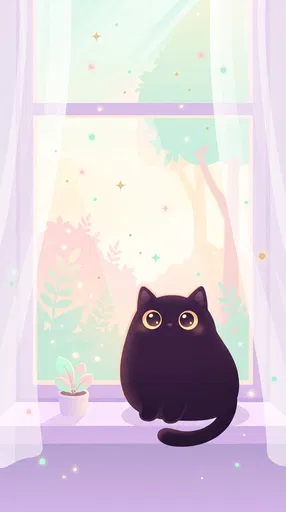 Cute Black Cat on Pastel Windowsill