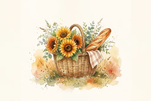 Watercolor Picnic Basket With Sunflowers and Baguette
