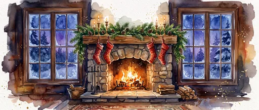 Watercolor Christmas Fireplace and Frosted Windows