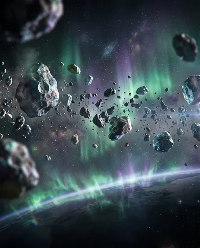 Asteroid Belt Above Planetary Aurora Horizon