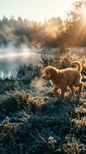 Goldendoodle Puppy in Frosty Morning Meadow