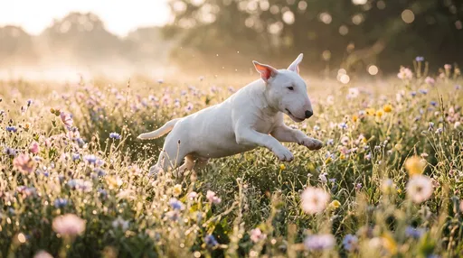Bull Terrier Leaping in Wildflower Field