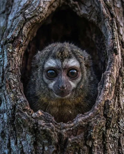 Owl Monkey Peering From Tree Hollow