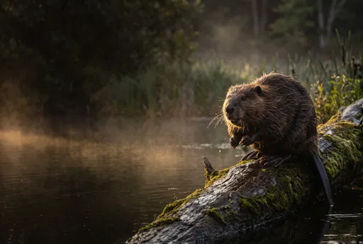 Beaver on Mossy Log at Sunrise