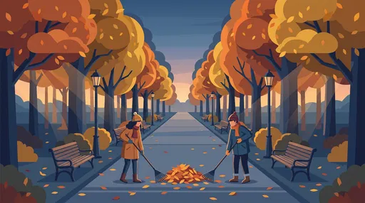 Autumn Park Leaf Raking Illustration