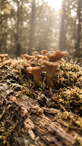Golden Mushrooms on Mossy Forest Log