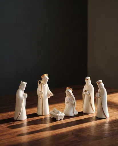 Minimalist White Porcelain Nativity Set in Sunlight