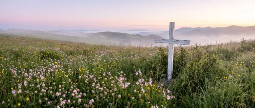 White Wooden Cross in Misty Dawn Meadow