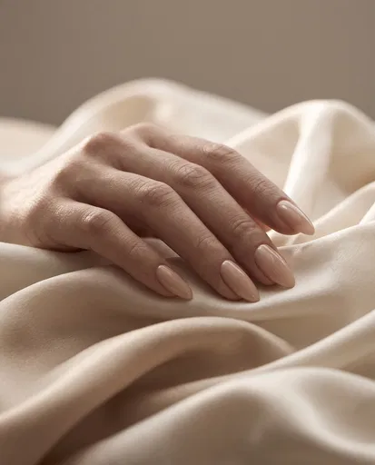 Hand With Glossy Nude Nails on Silk