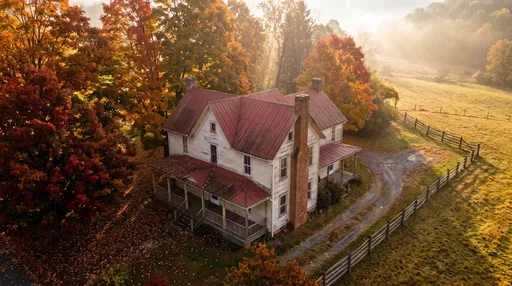 Aerial View of Farmhouse in Autumn Mist