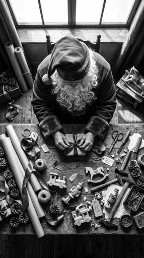 Overhead View of Santa Wrapping Gifts
