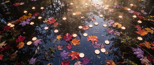 Floating Autumn Leaves and Tea Candles