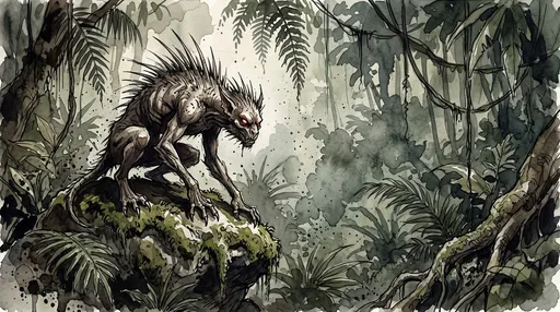 Watercolor Chupacabra Crouching in Jungle