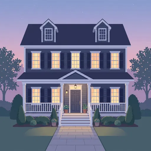 Colonial Suburban House at Twilight Illustration