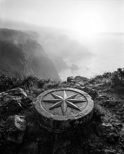 Stone Compass Rose on Misty Cliff