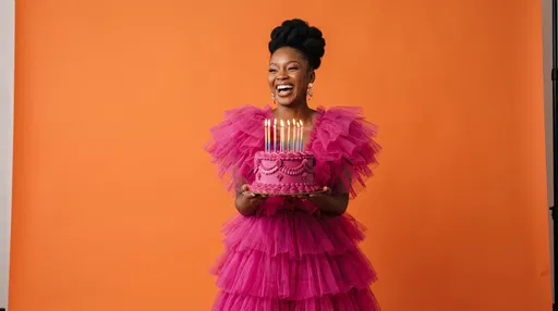 Joyful Woman Holding Magenta Birthday Cake