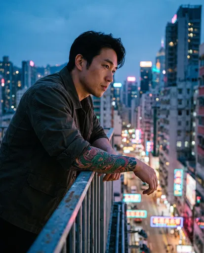 Man With Forearm Dragon Tattoo on Rooftop