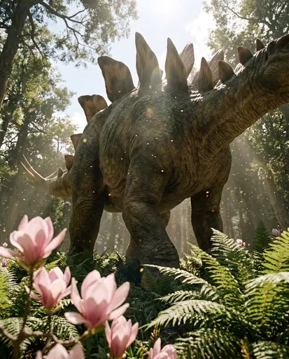 Low Angle Stegosaurus in Sunlit Forest