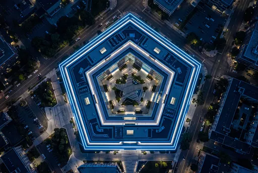 Illuminated Pentagonal Building Aerial Night View