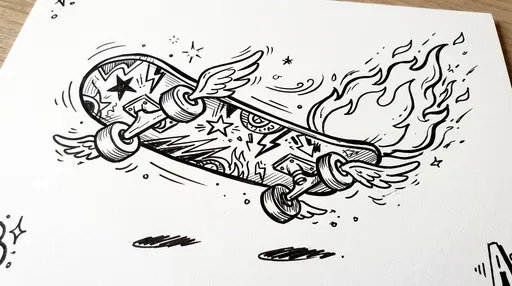 Black Ink Doodle of Winged Skateboard