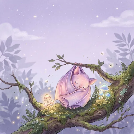 Sleepy Pastel Bat on Mossy Branch Illustration