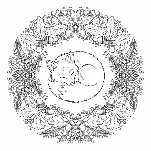 Sleeping Fox in Woodland Wreath Coloring Page