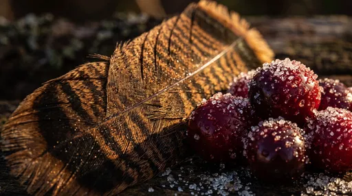 Turkey Feather and Sugared Cranberries Macro