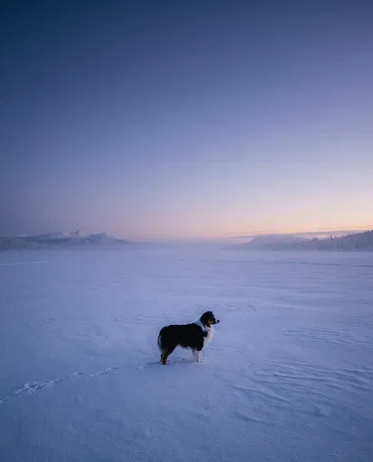 Australian Shepherd Standing on Twilight Snowfield