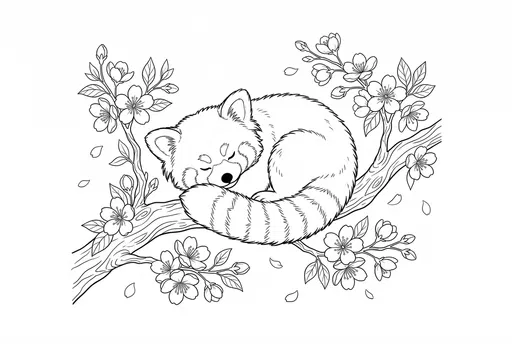 Sleeping Red Panda Cherry Blossom Coloring Page
