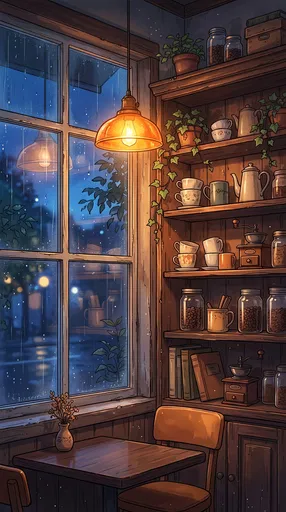 Cozy Rainy Cafe Corner Anime Background