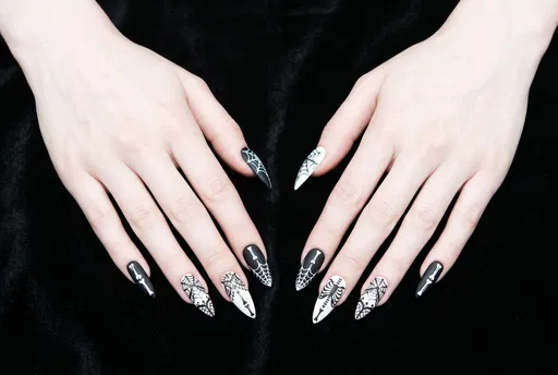 Monochrome Gothic Halloween Stiletto Nail Art