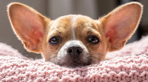 Small Dog Peeking Over Pink Blanket