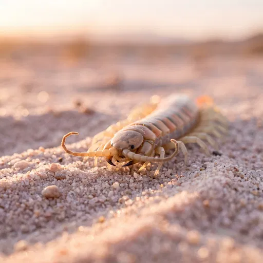 Desert Centipede on Warm Sand at Sunset