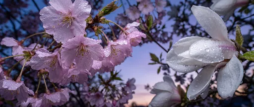 Dewy Cherry Blossoms and Magnolia at Twilight