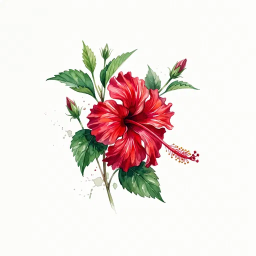 Scarlet Hibiscus Botanical Watercolor Illustration