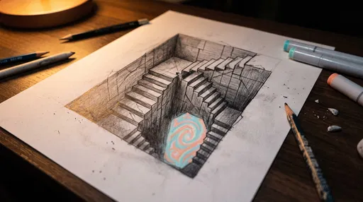 Anamorphic Staircase Drawing With Pastel Portal