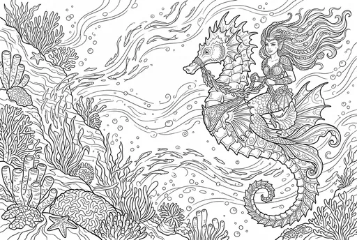 Mermaid Riding Giant Seahorse Coloring Page
