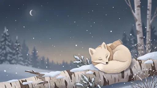 Sleeping Arctic Fox on Winter Birch Log
