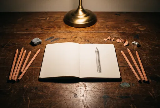 Sketchbook With Pencil Drawing on Wooden Desk