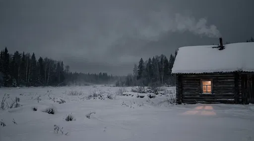 Isolated Log Cabin in Snowy Forest