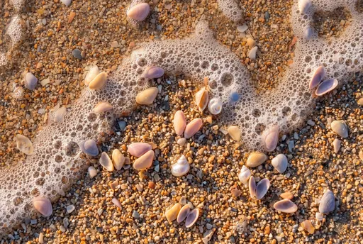 Macro Coquina Shells and Sea Foam on Beach