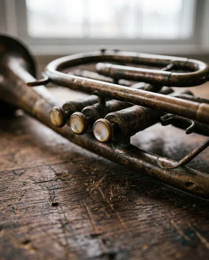 Antique Tarnished Brass Cornet on Workbench