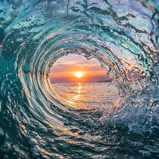 Sunset Viewed Through Curling Ocean Wave