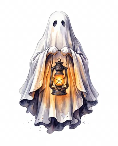 Watercolor Ghost Holding Glowing Lantern