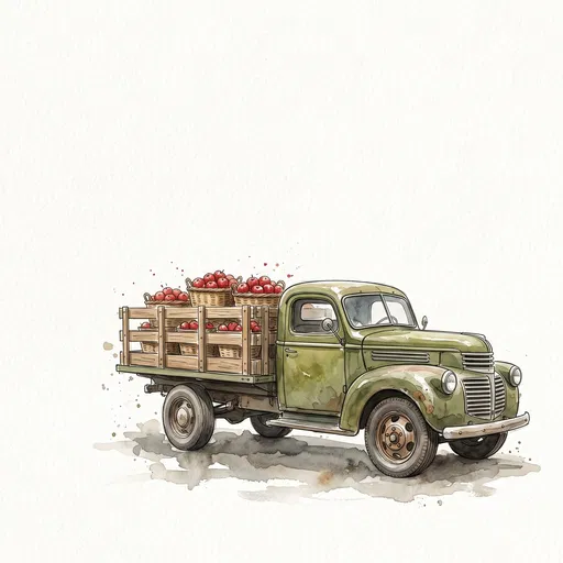Watercolor Vintage Farm Truck with Apples