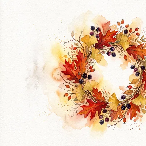 Watercolor Autumn Wreath With Leaves and Berries