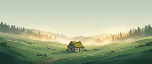 Moss-Roofed Cottage in Misty Green Valley