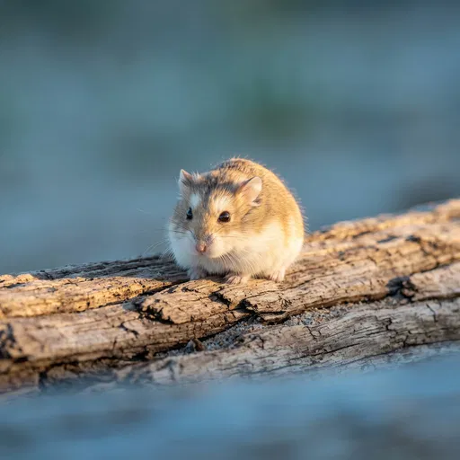 Roborovski Dwarf Hamster on Driftwood Log